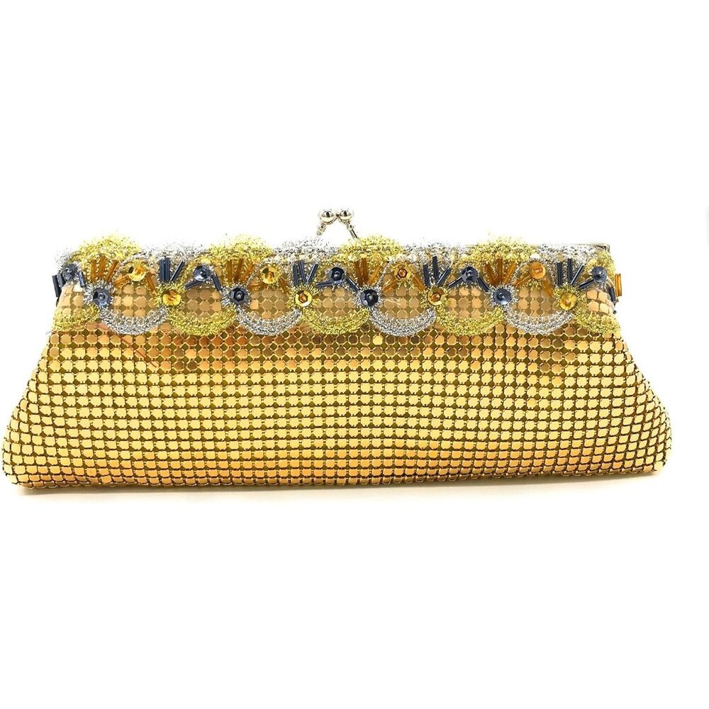 ⚡‎ Women's Yellow Floral Lace Trim Pattern Metal Kiss Lock Evening Clutch Bag